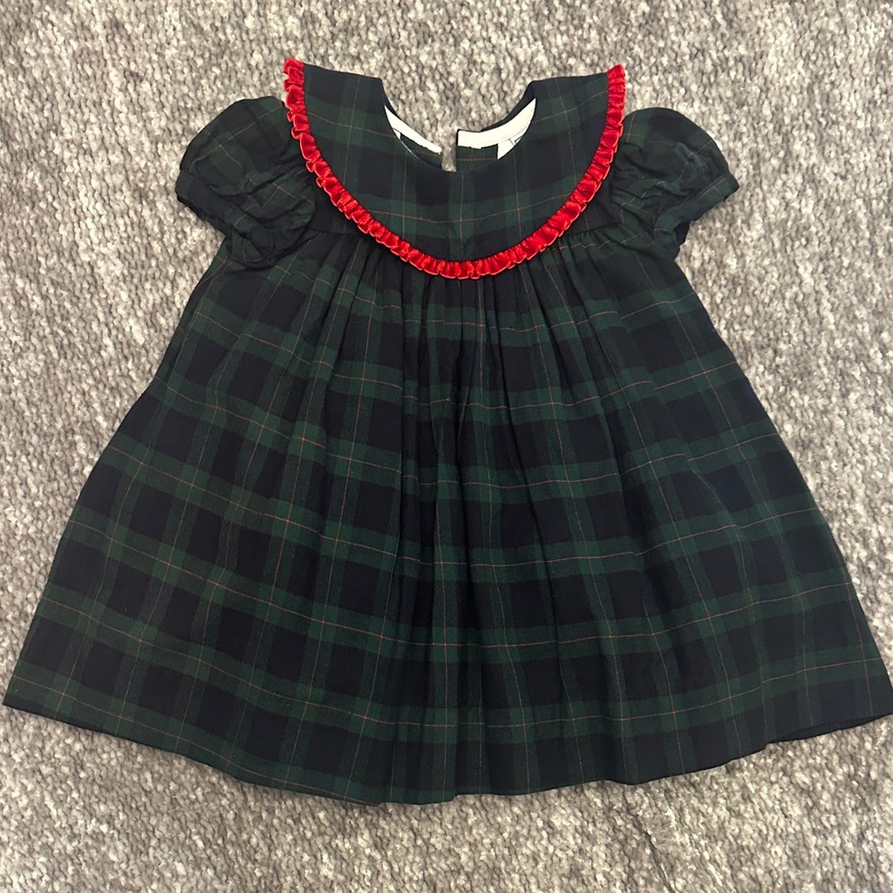EUC* The Bailey Boys Plaid Dress with Red velvet ruffle Trim collar 6m